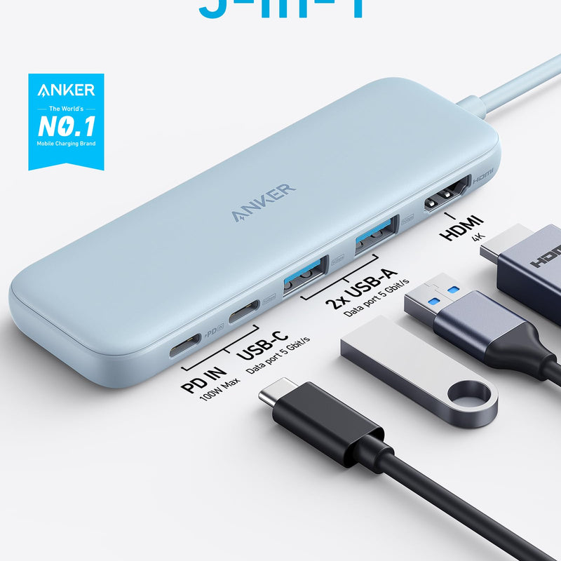Refurbished Anker 332 USB-C Hub 5-in-1 showing multiple ports on a black device for versatile connectivity.