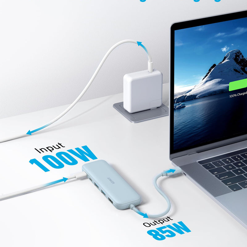Refurbished Anker 332 USB-C Hub 5-in-1 with multiple ports, black compact design, and sleek appearance for versatile connectivity.