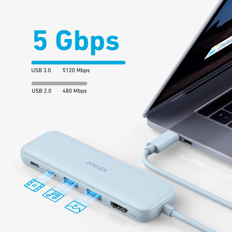 Refurbished Anker 332 USB-C Hub 5-in-1 showing black device with multiple ports for laptop connectivity