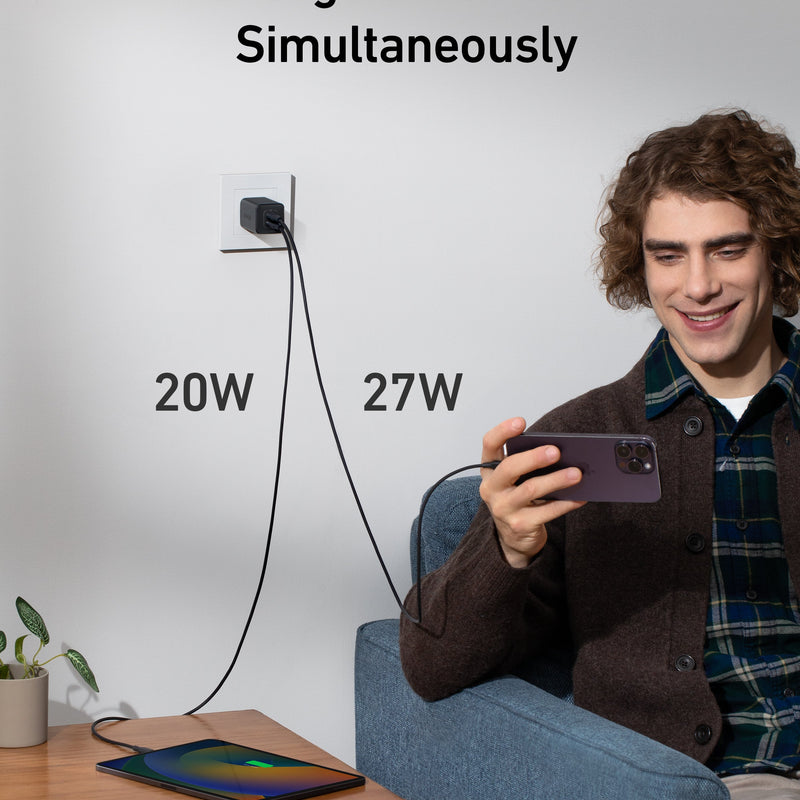 Anker 523 Nano 3 47W charger in black, compact design with USB-C port for fast charging.