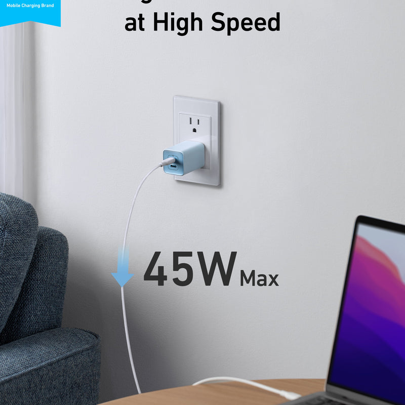 Anker 523 Nano 3 47W charger in black with compact stone design, featuring USB-C port for fast charging.