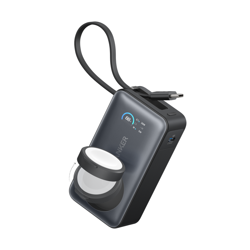 Black Anker MagGo Power Bank 10K with 35W charging, designed for Apple Watch and portable device charging.