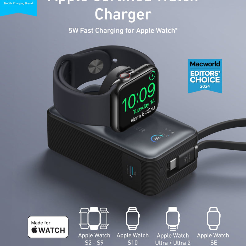 Black Anker MagGo Power Bank 10K with 35W fast charging for Apple Watch, portable and compact design.