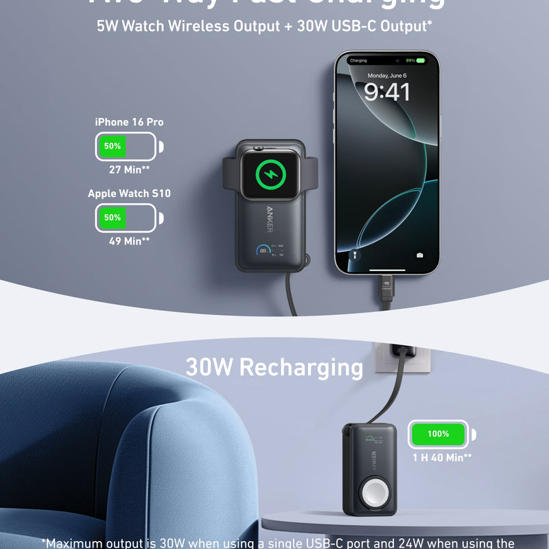 Black Anker MagGo Power Bank 10K with 35W fast charging for Apple Watch, compact portable charging device.
