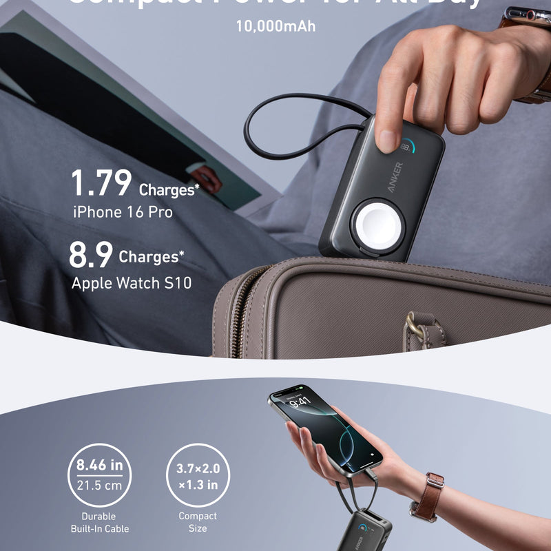 Black Anker MagGo Power Bank 10K with 35W fast charging for Apple Watch, compact and portable device for on-the-go charging.