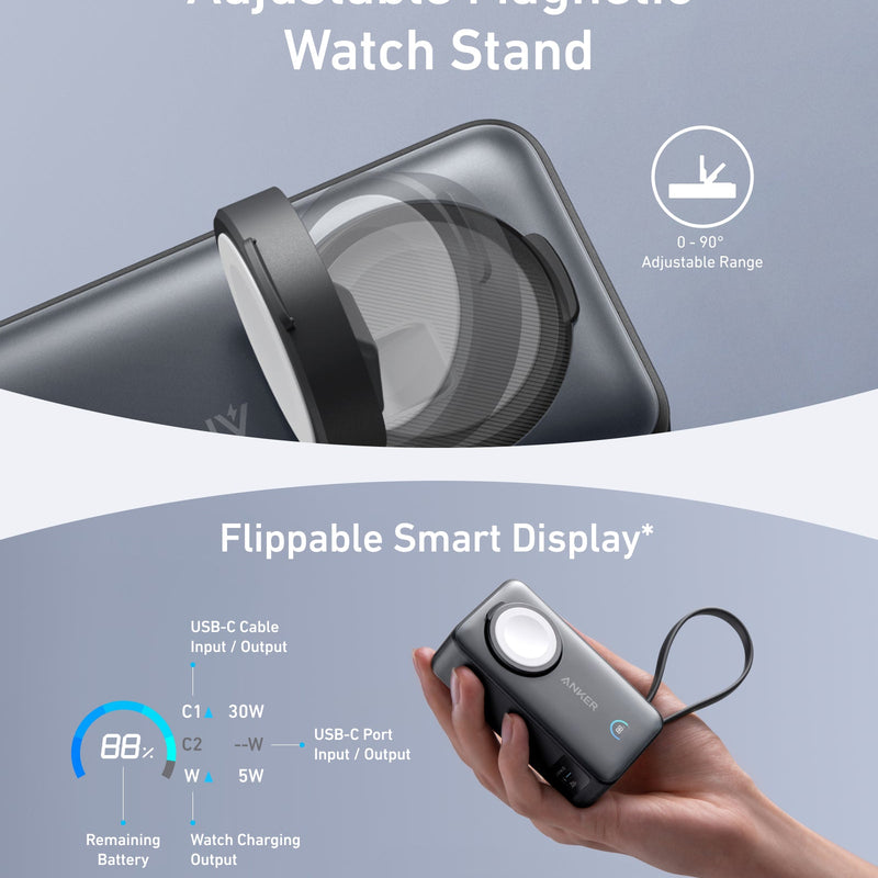 Anker MagGo Power Bank 10K with 35W output, black stone finish, designed for charging Apple Watch and portable device.