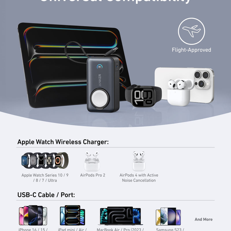 Black Anker MagGo Power Bank 10K with 35W fast charging for Apple Watch and mobile devices.