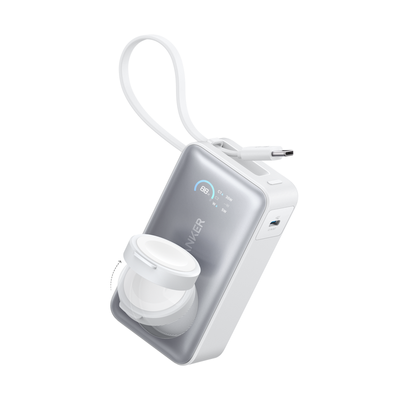 Anker MagGo Power Bank 10K with 35W charging for Apple Watch, black stone finish, compact portable design.