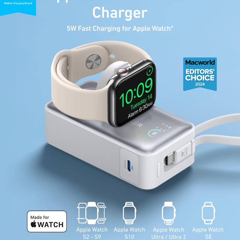 Anker MagGo Power Bank 10K with 35W charging for Apple Watch, black stone finish, portable device with magnetic attachment