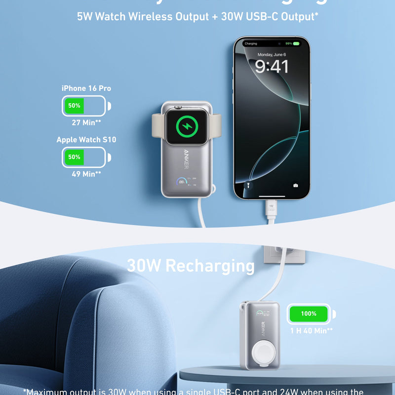 Anker MagGo Power Bank 10K with 35W charging for Apple Watch, black portable battery with magnetic attachment