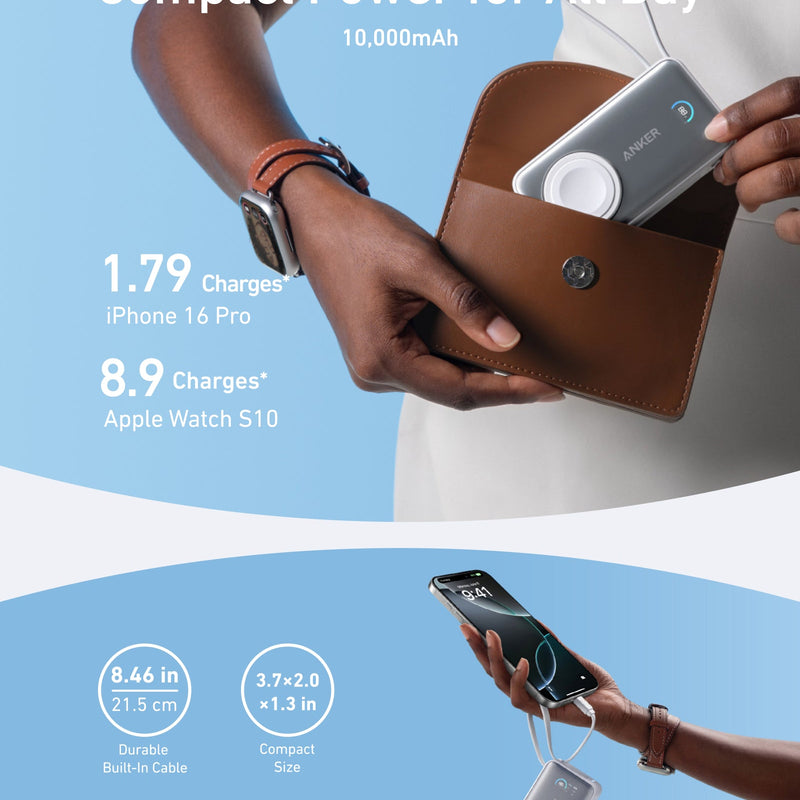 Anker MagGo Power Bank 10K with 35W output, black stone finish, designed for charging Apple Watch and other devices.