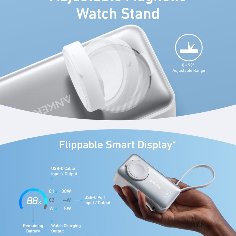 Black Anker MagGo Power Bank 10K with 35W charging, designed for Apple Watch and compatible with other devices.