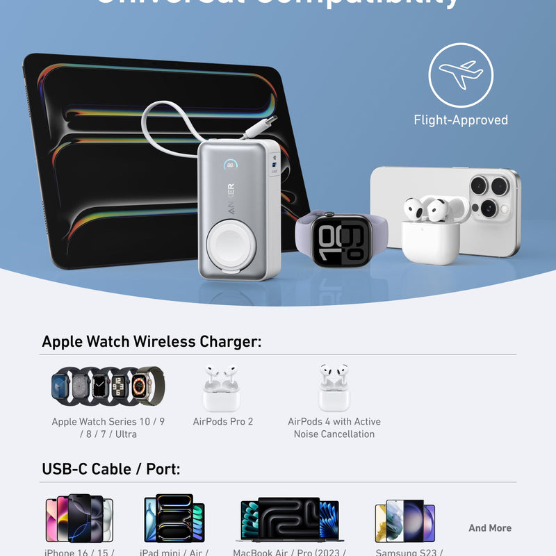 Anker MagGo 10K Power Bank in black with 35W charging for Apple Watch, compact portable design for on-the-go charging.