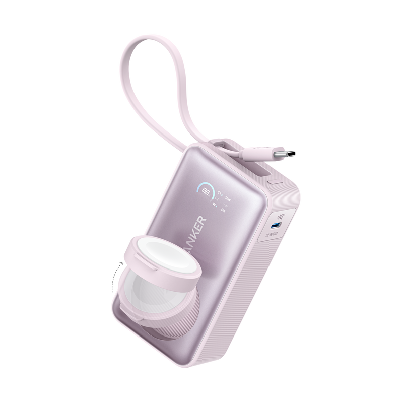 Anker MagGo Power Bank 10K with 35W charging, black stone finish, designed for Apple Watch and portable charging.