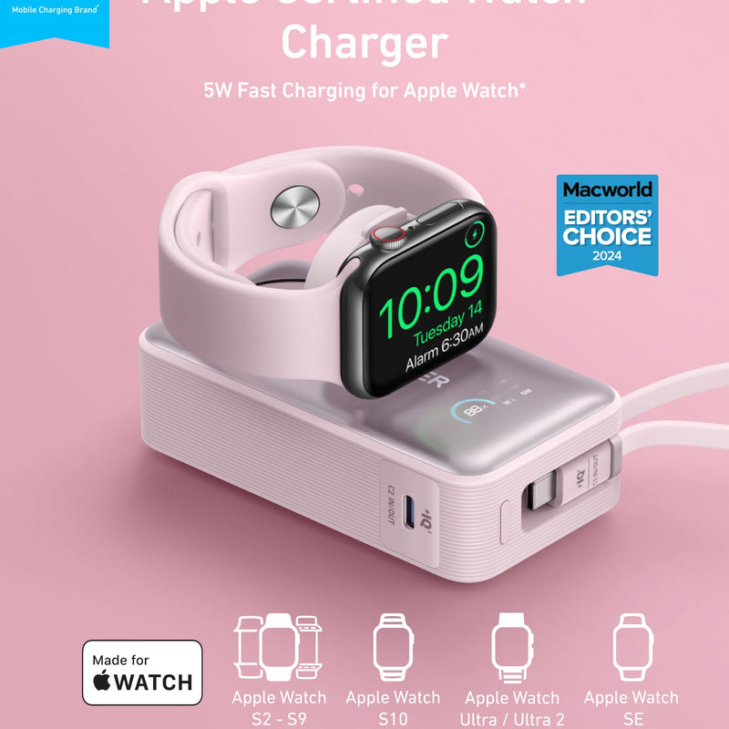 Anker MagGo Power Bank 10K with 35W charging for Apple Watch, black stone finish, portable and compact wireless charger