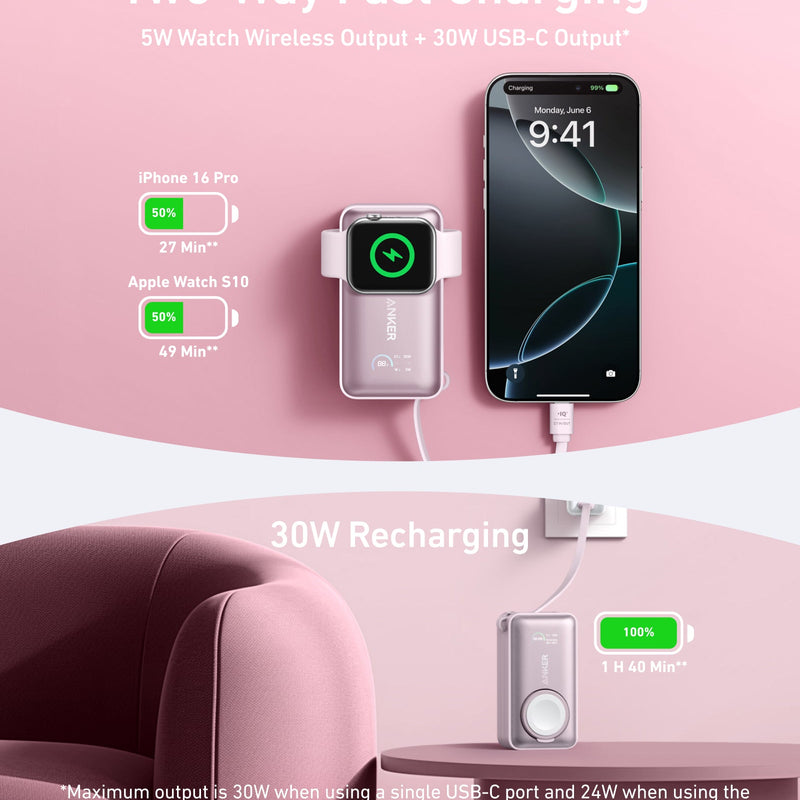 Anker MagGo Power Bank 10K with 35W charging for Apple Watch, black, compact portable battery with magnetic attachment