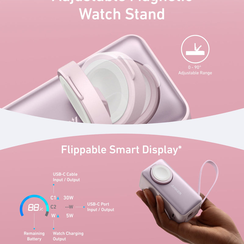 Anker MagGo Power Bank 10K with 35W charging for Apple Watch, black stone finish, portable and compact design