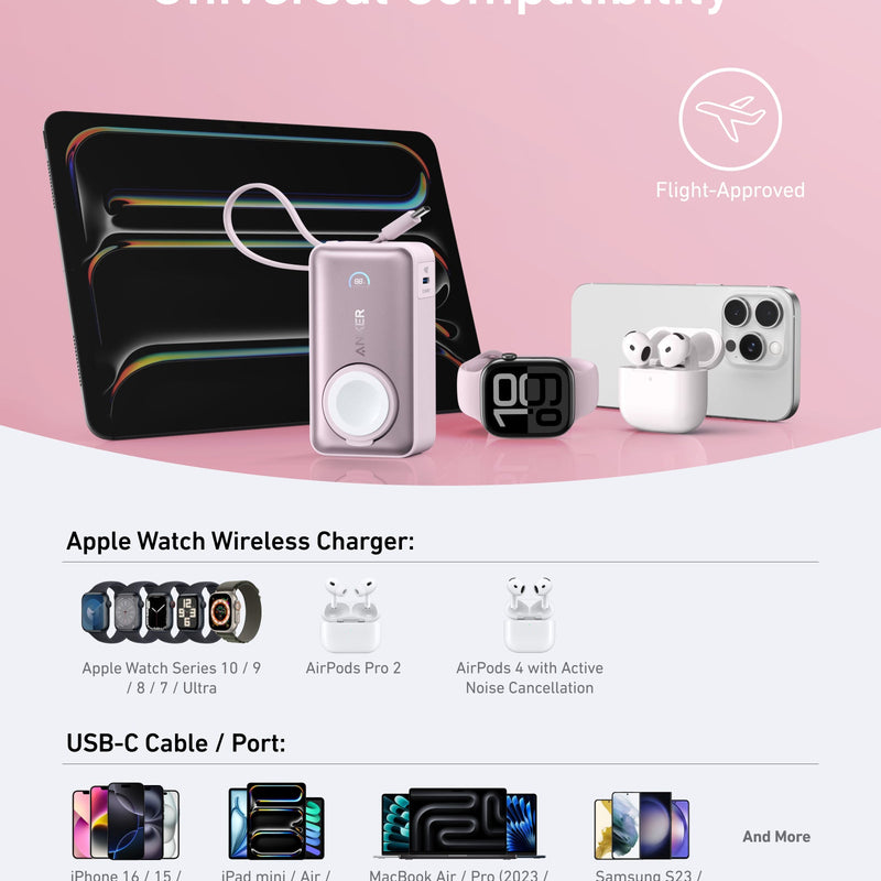 Anker MagGo 10K Power Bank with 35W charging for Apple Watch, black stone finish, compact portable design
