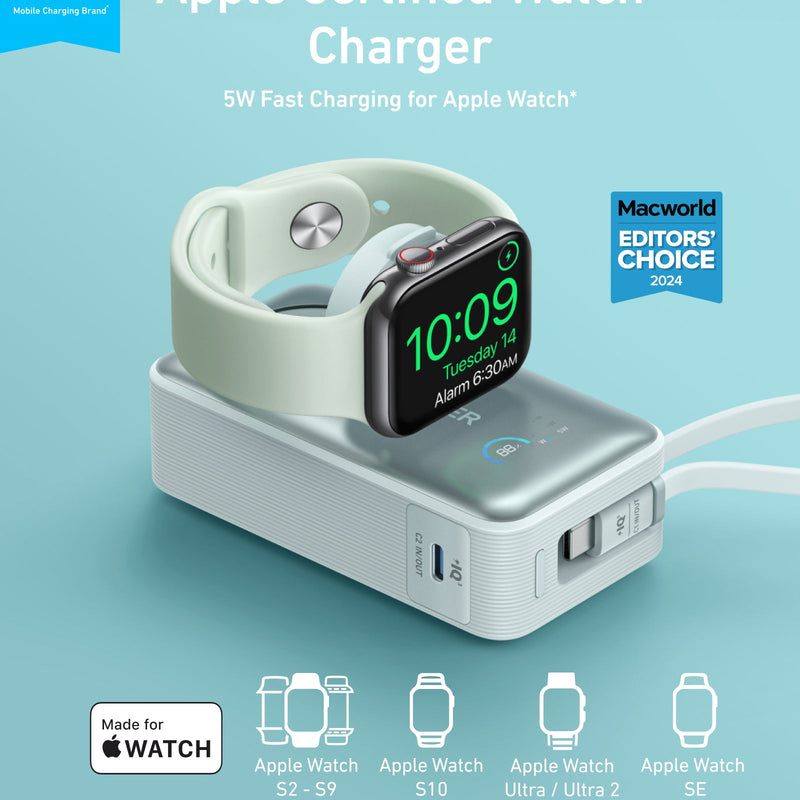 Anker MagGo Power Bank 10K 35W in black, designed for charging Apple Watch and other devices on the go.