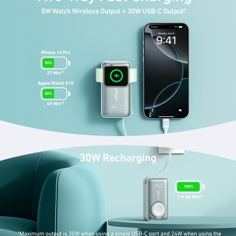 Anker MagGo Power Bank 10K with 35W charging for Apple Watch, black stone finish, portable and compact design