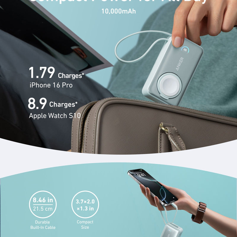 Black Anker MagGo Power Bank 10K with 35W charging for Apple Watch, compact portable magnetic power bank.