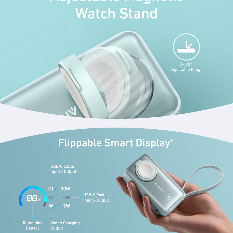 Black Anker MagGo Power Bank 10K with 35W charging for Apple Watch, portable and compact device for on-the-go charging.