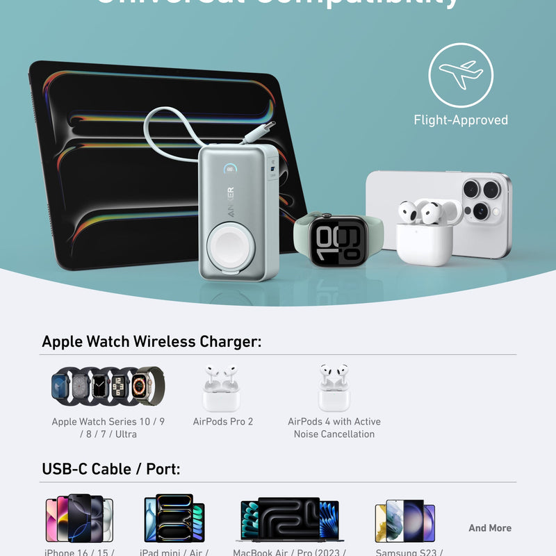 Black Anker MagGo Power Bank 10K with 35W charging for Apple Watch, compact portable power source with magnetic attachment.