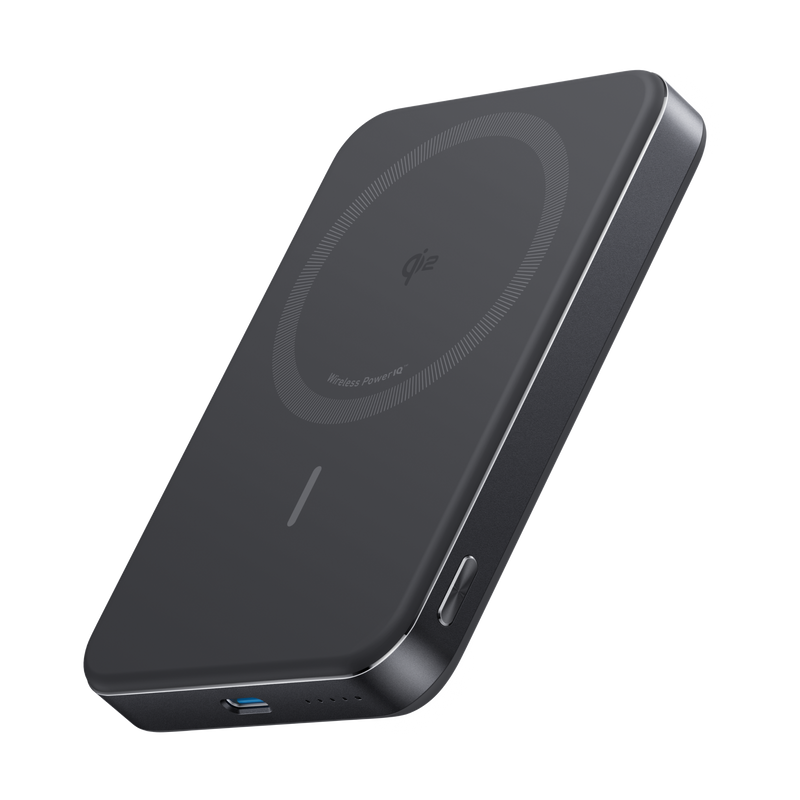 Black Anker MagGo 10K Slim Power Bank with USB-C port, portable and lightweight for on-the-go charging.