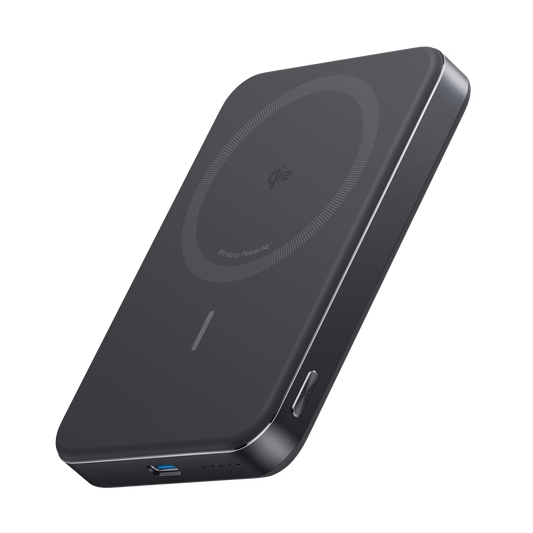 Black Anker MagGo 10K Slim Power Bank with USB-C port, portable and lightweight for on-the-go charging.