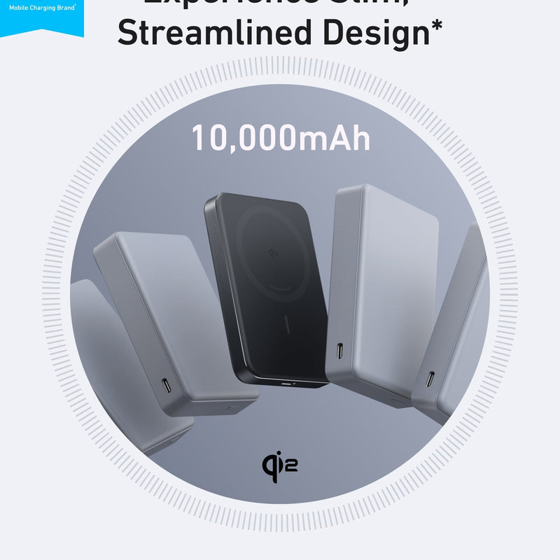 Anker MagGo Power Bank 10K Slim in black, portable external battery with compact design and USB-C charging capability.