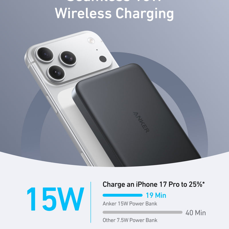 Black Anker MagGo Power Bank 10K Slim with wireless charging pad and USB-C port for portable device charging.