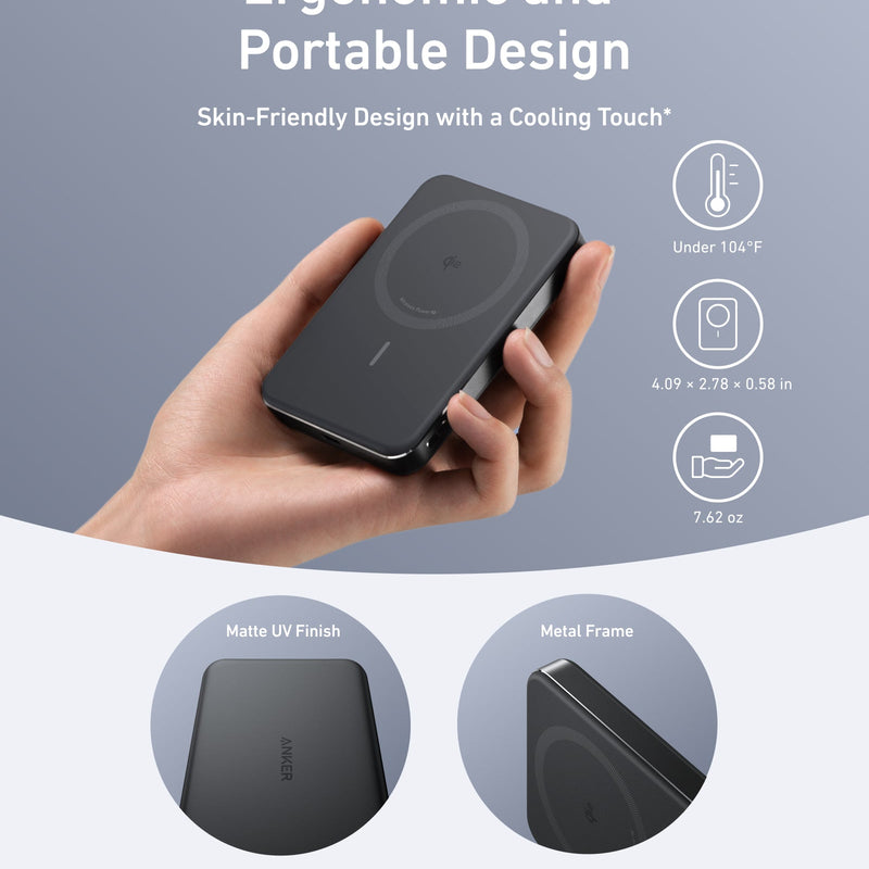 Black Anker MagGo Power Bank 10K Slim with USB-C port, portable and lightweight for on-the-go charging.