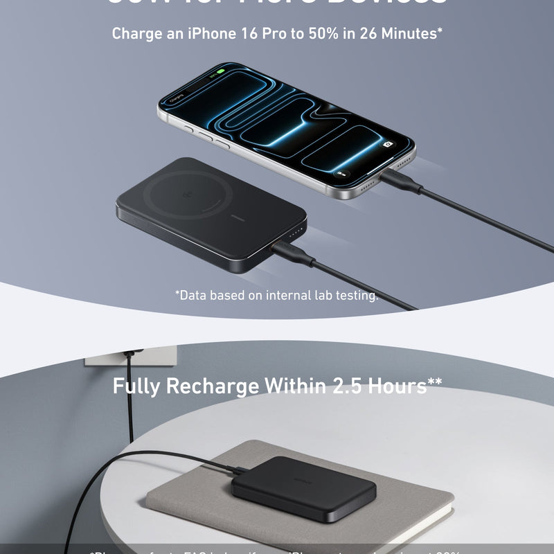 Black Anker MagGo Power Bank 10K Slim with USB-C port, compact portable charger for smartphones and devices.