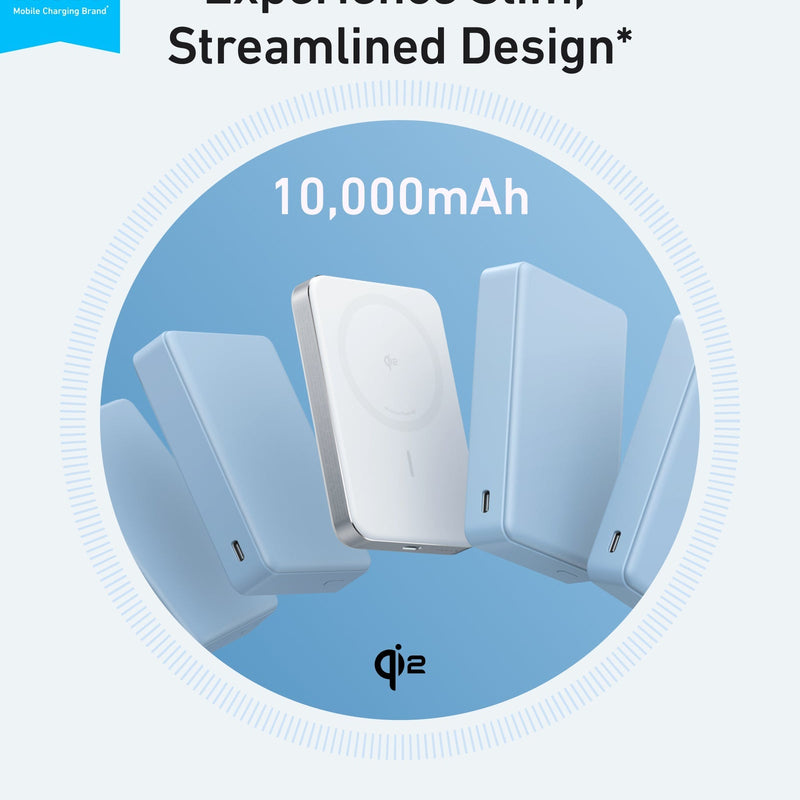 Black Anker MagGo 10K Slim Power Bank showing its sleek design and portable size for charging devices on the go.