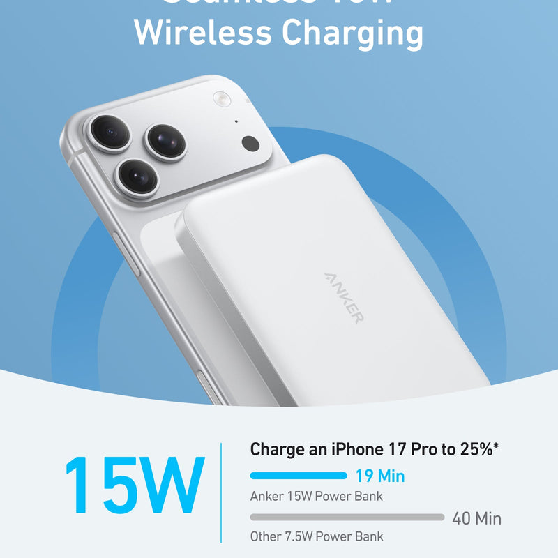 Black Anker MagGo Power Bank 10K Slim with compact design and USB-C port for portable charging on the go.