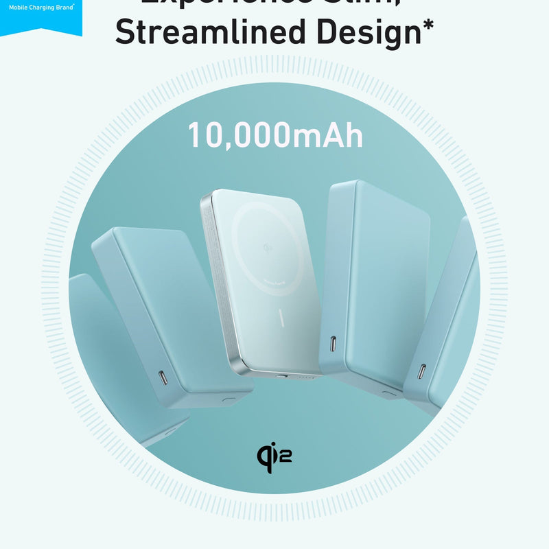 Black Anker MagGo 10K Slim Power Bank with magnetic attachment for wireless charging and portable power on the go.