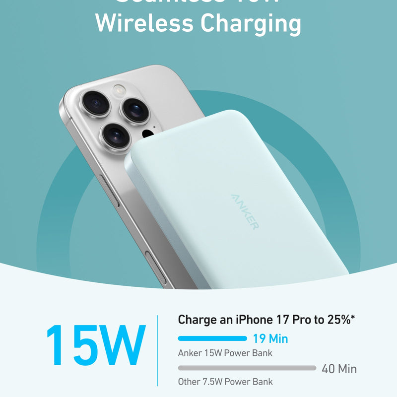 Black Anker MagGo 10K Slim Power Bank showing its sleek design and compact size for portable device charging.