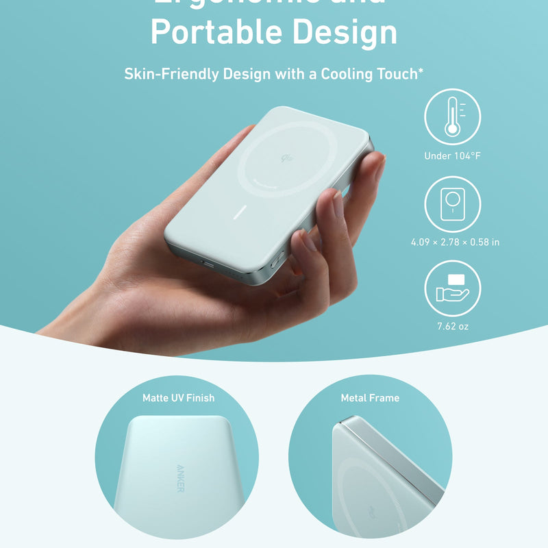 Black Anker MagGo Power Bank 10K Slim with USB-C port, compact design, and portable charging for smartphones and devices.