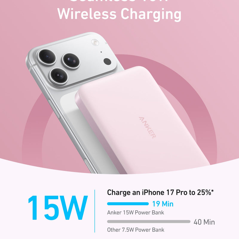 Black Anker MagGo 10K Slim Power Bank with MagSafe-compatible wireless charging and compact design for portable power.