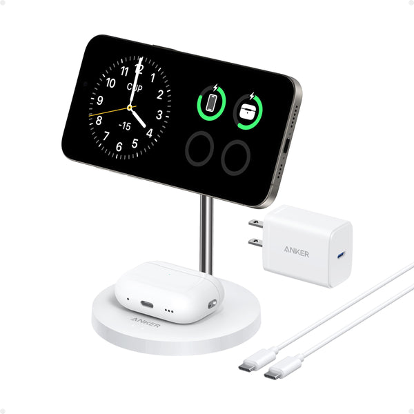 Anker MagGo Wireless Charger 2-in-1 stand in black, designed for fast charging smartphones and compatible devices.