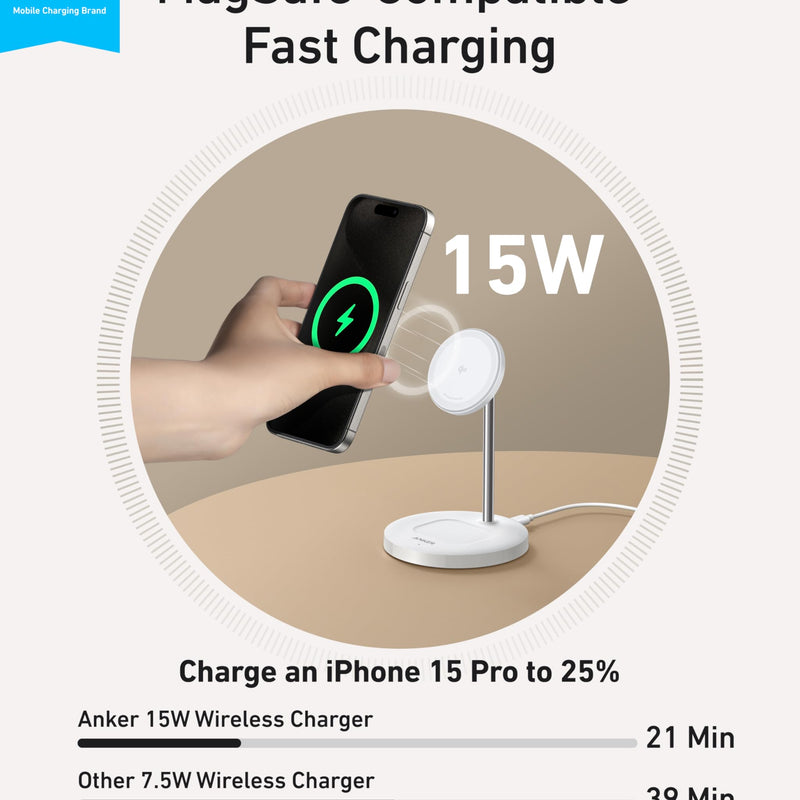 Anker MagGo Wireless Charger 2-in-1 stand in black, designed for charging smartphones and compatible devices on a sleek stand.