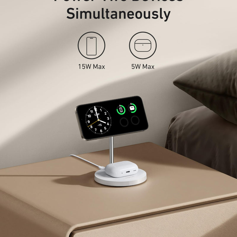 Anker MagGo Wireless Charger 2-in-1 stand in black, demonstrating charging a smartphone and compatible device simultaneously.