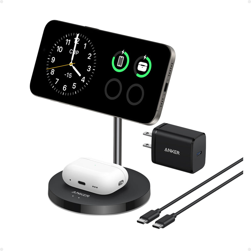 Black Anker MagGo Wireless Charger 2-in-1 stand with magnetic attachment for convenient device charging and stand functionality.