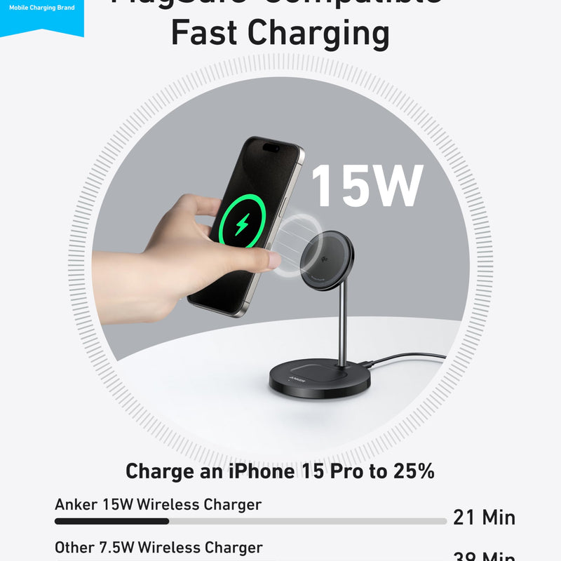 Anker MagGo Wireless Charger 2-in-1 stand in black with a sleek stone finish for charging smartphones and accessories.