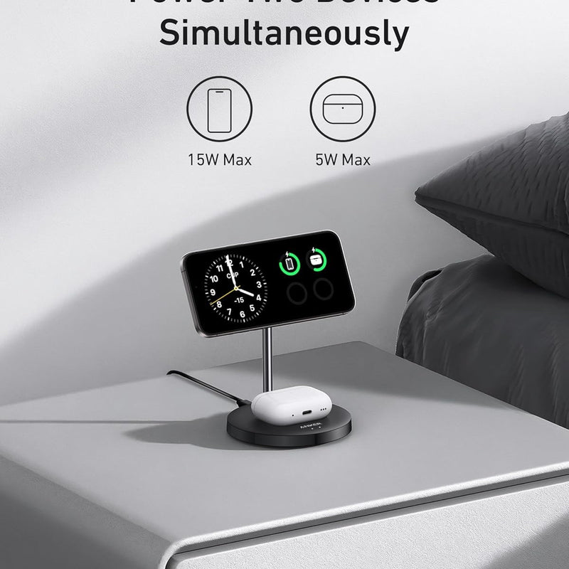 Anker MagGo Wireless Charger 2-in-1 stand in black, designed for fast charging smartphones and compatible devices.
