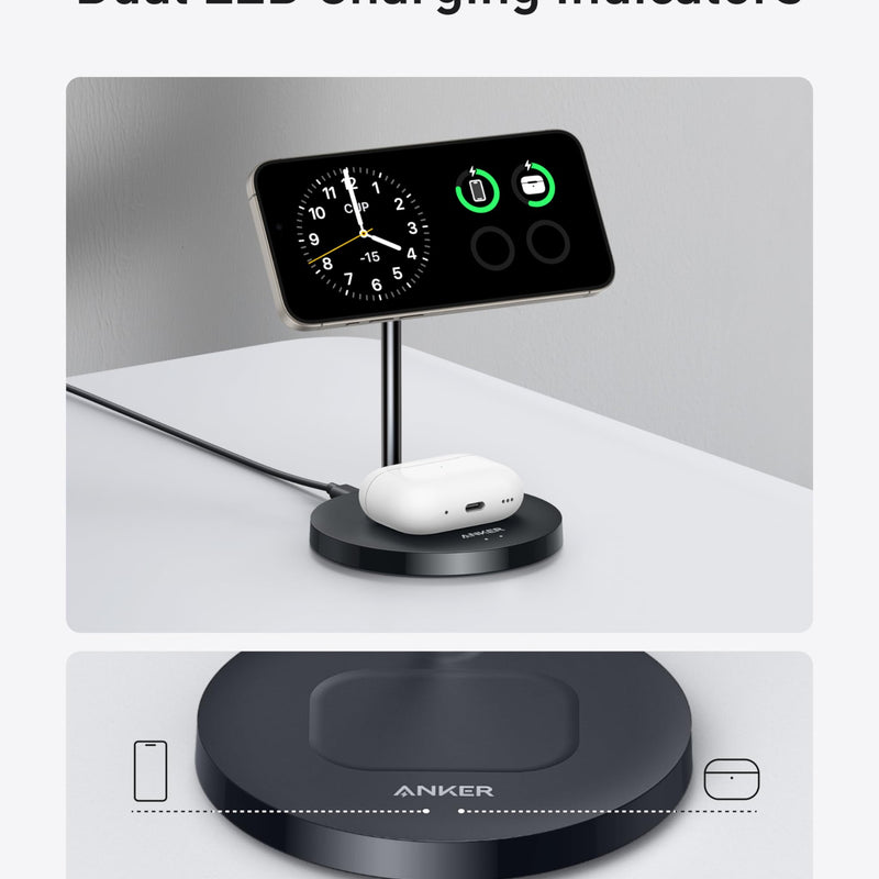 Anker MagGo Wireless Charger 2-in-1 stand in black, designed for fast charging smartphones and compatible devices.