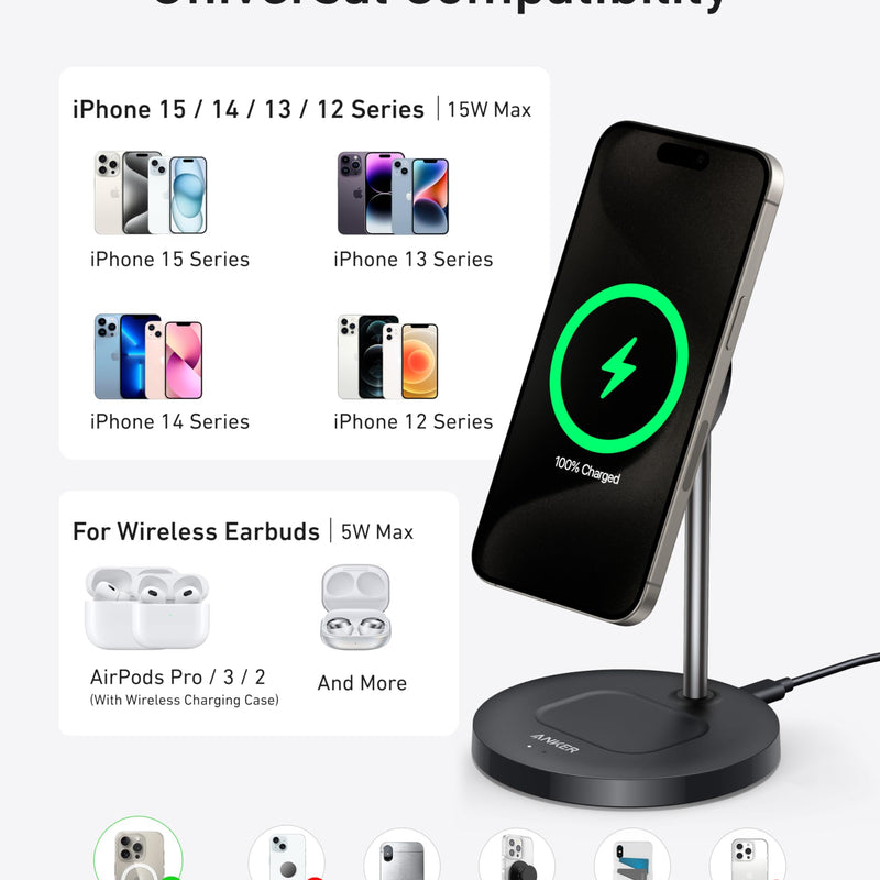 Anker MagGo Wireless Charger 2-in-1 stand in black, designed for fast wireless charging of smartphones and compatible devices.