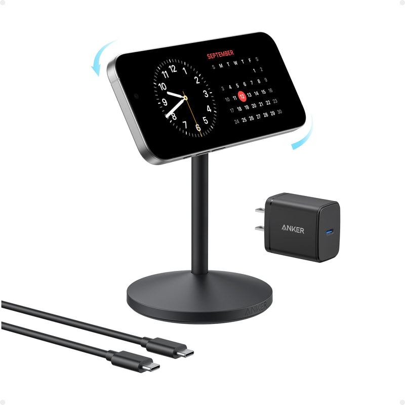 Anker MagGo wireless charger stand with adapter and cable, black stone finish, for convenient phone charging.