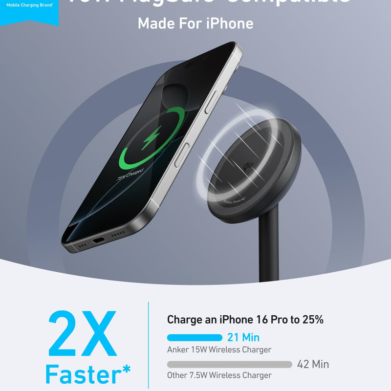 Black Anker MagGo Wireless Charger Stand with adapter and cable, showcasing a sleek charging stand for wireless devices.