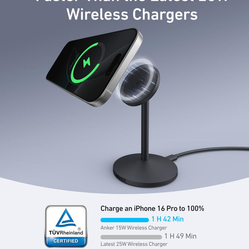 Anker MagGo wireless charger stand with adapter and cable in black, designed for convenient phone charging.